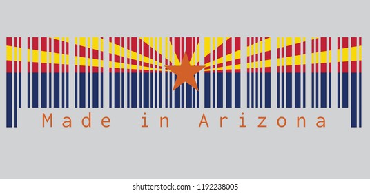 Barcode set the color of Arizona flag, The states of America, red and yellow on the top half, with star and the rest of the flag is colored blue, text: Made in Arizona. concept of sale or business.