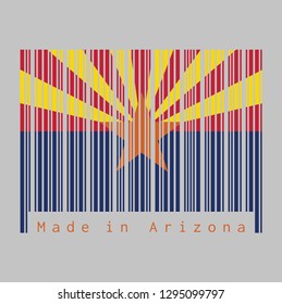 Barcode set the color of Arizona flag, The states of America, red and yellow on the top half, with star and the rest of the flag is colored blue, text: Made in Arizona. concept of sale or business.