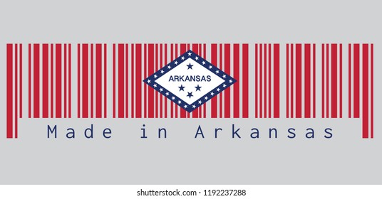 Barcode set the color of Arkansas flag, A rectangular field of red, a large white diamond, bordered by blue and the word 'Arkansas' and four blue stars are 25 stars, text: Made in Arkansas.