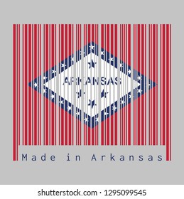Barcode set the color of Arkansas flag, A rectangular field of red, a large white diamond, bordered by blue and the word 'Arkansas' and four blue stars, are 25 stars. text: Made in Arkansas.