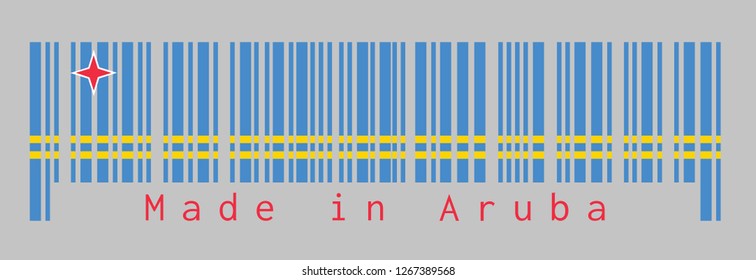 Barcode set the color of Aruba flag, light blue and two narrow parallel horizontal yellow stripes and red star, text: Made in Aruba. concept of sale or business. 