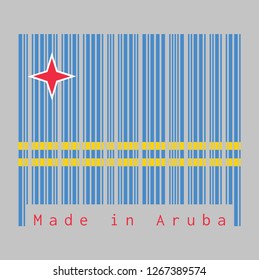 Barcode set the color of Aruba flag, light blue and two narrow parallel horizontal yellow stripes and red star, text: Made in Aruba. concept of sale or business. 