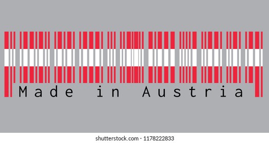 Barcode set the color of Austria flag,  red and white color with text: Made in Austria. concept of sale or business.