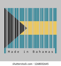 Barcode set the color of Bahamas flag, aquamarine and gold color with the black chevron aligned to the hoist-side on grey background, text: Made in Bahamas. concept of sale or business.