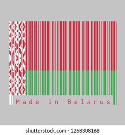 Barcode set the color of Belarus flag, red over green color with a red ornamental pattern on grey background, text: Made in Belarus. concept of sale or business. 