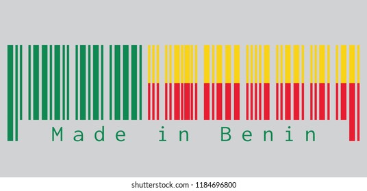 Barcode set the color of Benin flag, A horizontal bicolor of yellow and red with a green vertical band on grey background, text: Made in Benin. concept of sale or business. 