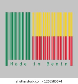 Barcode set the color of Benin flag, A horizontal bicolor of yellow and red with a green vertical band on grey background, text: Made in Benin. concept of sale or business.