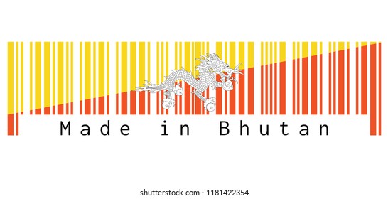 Barcode set the color of Bhutan flag, triangle yellow and orange with white dragon and text: Made in Bhutan. concept of sale or business.