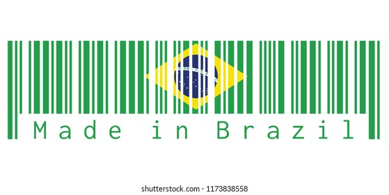 Barcode set the color of Brazil flag, green yellow and green color in white background with text: Made in Brazil. concept of sale or business.
