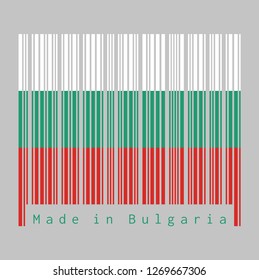 Barcode set the color of Bulgaria flag, white green and red color, text: Made in Bulgaria. concept of sale or business.