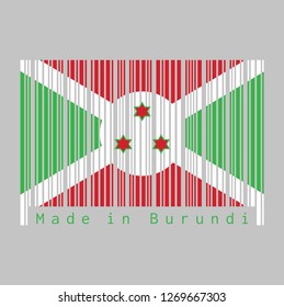 Barcode set the color of Burundi flag, green red and white and three star, text: Made in Burundi. concept of sale or business.