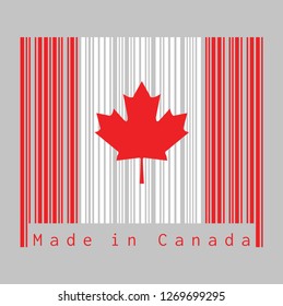 Barcode set the color of Canada flag,  a vertical triband of red and white with the red maple leaf with text: Made in Canada. concept of sale or business.