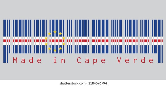 Barcode set the color of Cape Verde flag, blue white and red with the circle of ten star on grey background, text: Made in Cape Verde. concept of sale or business.