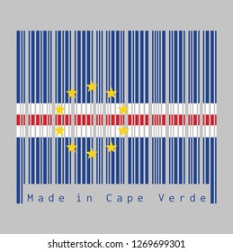 Barcode set the color of Cape Verde flag, blue white and red with the circle of ten star on grey background, text: Made in Cape Verde. concept of sale or business.