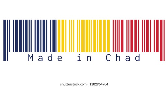 Barcode set the color of Chad flag, A vertical tricolor of blue, gold, and red on white background, text: Made in Chad. concept of sale or business.