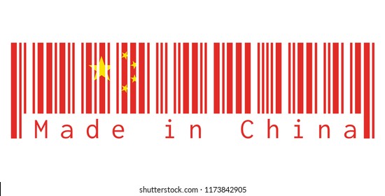 Barcode set the color of China flag, red yellow and star in white background with text: Made in China. concept of sale or business.