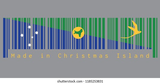 Barcode set the color of Christmas Island flag, Blue and green diagonal color with white star, bird in gold and shape of the island, text: Made in Christmas Island. concept of sale or business.