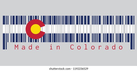 Barcode set the color of Colorado flag, Three horizontal stripes of blue, white, and blue. On top of these stripes sits a circular red "C", filled with a golden disk. text: Made in Colorado.