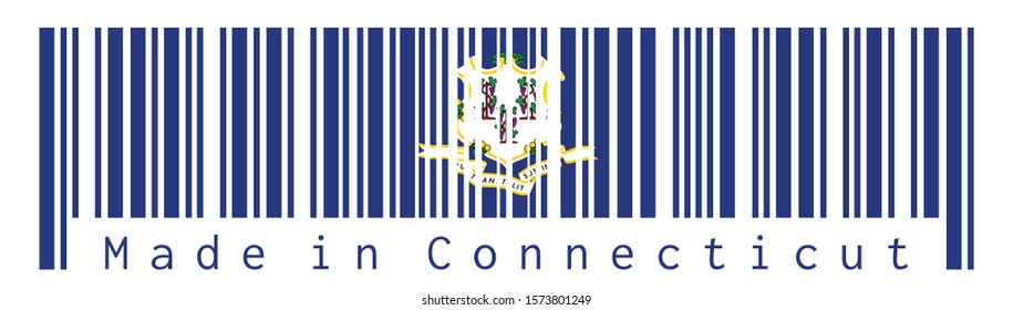 Barcode set the color of Connecticut flag, the states of America. text "Qui Transtulit Sustinet", Latin for "He who transplanted sustains" text: Made in Connecticut. Concept of sale or business.