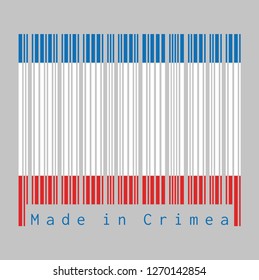Barcode set the color of Crimea flag, a blue white and red color on grey background, text: Made in Crimea. concept of sale or business.