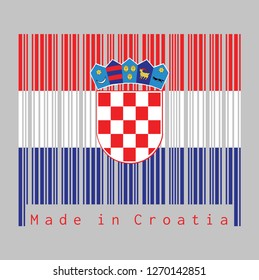 Barcode set the color of Croatia flag, red, white, and blue with the Coat of Arms of Croatia on grey background, text: Made in Croatia. concept of sale or business.