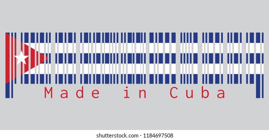 Barcode set the color of Cuba flag, Five horizontal stripes of blue and white with red triangle and star on grey background, text: Made in Cuba. concept of sale or business.