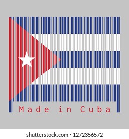 Barcode set the color of Cuba flag, Five horizontal stripes of blue and white with red triangle and star on grey background, text: Made in Cuba. concept of sale or business.