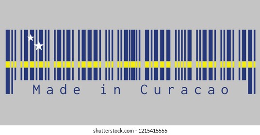 Barcode set the color of Curacao flag, blue field with a horizontal yellow stripe slightly below the midline and two white stars. text: Made in Curacao, concept of sale or business.