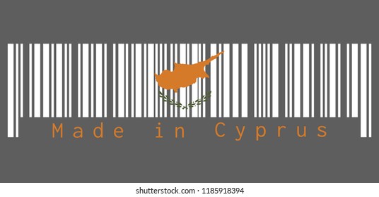 Barcode set the color of Cyprus flag, an outline of the country of Cyprus above twin olive branches. text: Made in Cyprus. concept of sale or business.
