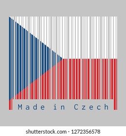Barcode set the color of Czech flag, two equal horizontal of white and red with a blue  triangle on the hoist side. text: Made in Czech. concept of sale or business.