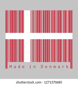 Barcode set the color of Denmark flag, red with a white Scandinavian cross that extends to the edges of the flag. text: Made in Denmark. concept of sale or business.