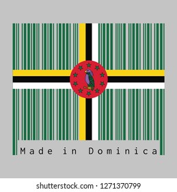 Barcode set the color of Dominica flag, A green field with cross of yellow, black and white, Sisserou Parrot on red disk and star. text: Made in Dominica. concept of sale or business.