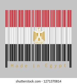 Barcode set the color of Egypt flag, red white black color with the Egyptian eagle of Saladin. text: Made in Egypt. concept of sale or business.