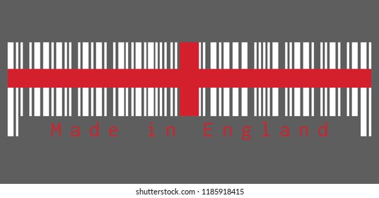 Barcode set the color of England flag, red centred cross on a white background. text: Made in England. concept of sale or business.