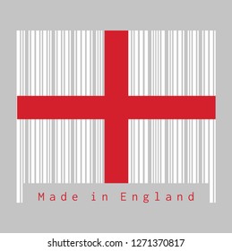 Barcode set the color of England flag, red centred cross on a white background. text: Made in England. concept of sale or business.