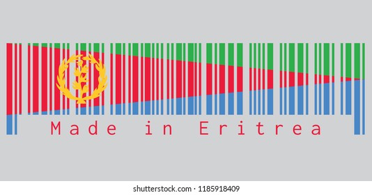 Barcode set the color of Eritrea flag, red triangle on blue and green triangle with olive branch on gold color. text: Made in Eritrea. concept of sale or business.