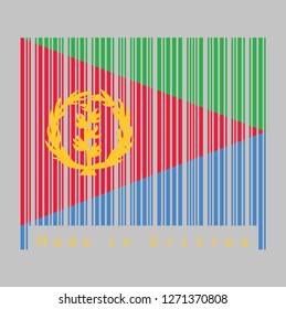 Barcode set the color of Eritrea flag, red triangle on blue and green triangle with olive branch on gold color. text: Made in Eritrea. concept of sale or business.
