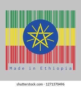 Barcode set the color of Ethiopia flag, tricolor of green, yellow and red with the National Emblem. text: Made in Ethiopia. concept of sale or business.