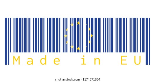 Barcode set the color of European Union flag, the blue color and yellow star on white background with text: Made in EU. concept of sale or business.