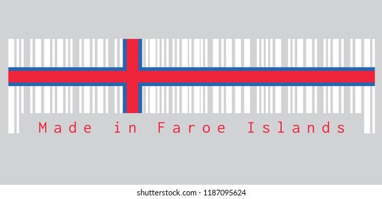 Barcode set the color of Faroe Islands flag, a blue-fimbriated red Nordic cross on a white field. text: Made in Faroe Islands. concept of sale or business.