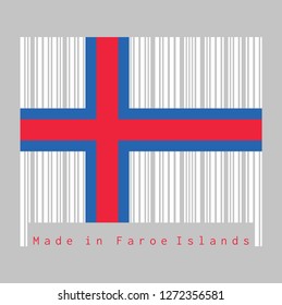 Barcode set the color of Faroe Islands flag, a blue-fimbriated red Nordic cross on a white field. text: Made in Faroe Islands. concept of sale or business.