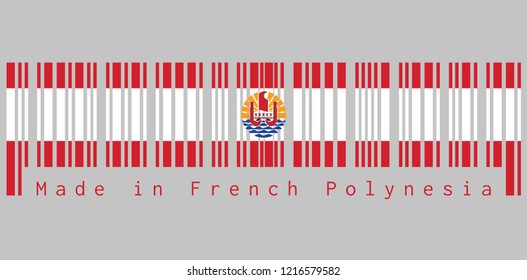 Barcode set the color of French Polynesia flag, Two red horizontal and wide white; centered is a disk with Polynesian canoe rides on the wave, Made in French Polynesia, concept of sale or business.