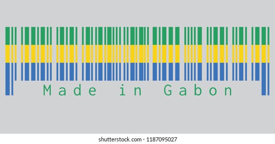 Barcode set the color of Gabon flag, A horizontal triband of green, gold and blue. text: Made in Faroe Gabon. concept of sale or business.