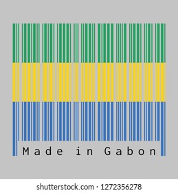 Barcode set the color of Gabon flag, A horizontal triband of green, gold and blue. text: Made in Faroe Gabon. concept of sale or business.
