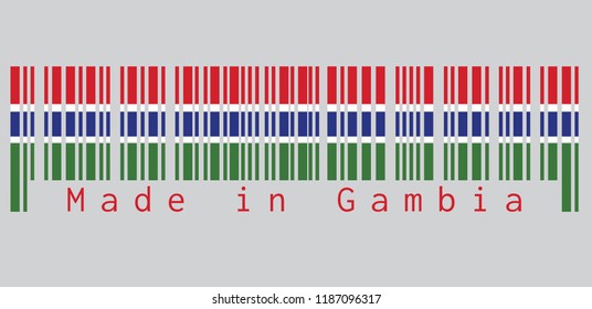 Barcode set the color of Gambia flag, red blue and green color and separated by a narrow band of white. text: Made in Faroe Gambia. concept of sale or business.