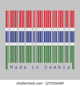 Barcode set the color of Gambia flag, red blue and green color and separated by a narrow band of white. text: Made in Faroe Gambia. concept of sale or business.