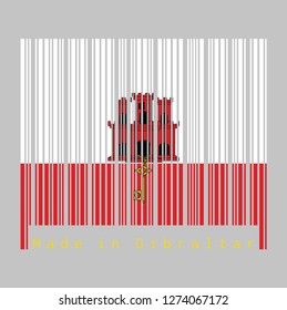 Barcode set the color of Gibraltar flag, White and red stripe with three towered and hangs a gold key, text: Made in Gibraltar. concept of sale or business.