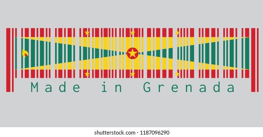 Barcode set the color of Grenada flag, A large red border around the flag with six Gold star, Gold and green triangles with red disk, text: Made in Grenada. concept of sale or business.