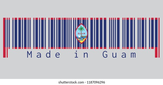 Barcode set the color of Guam flag, dark blue background with a thin red border and the Seal of Guam, text: Made in Guam. concept of sale or business.