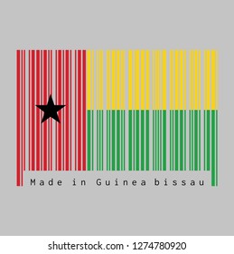Barcode set the color of Guinea Bissau flag, vertical red line with black star two horizontal yellow and green, text: Made in Guinea Bissau. concept of sale or business.